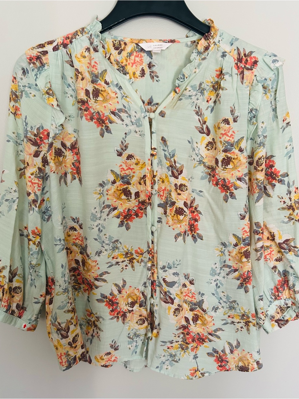 LC Lauren Conrad Mint Green Floral Blouse with Yellow & Red Accents XXL